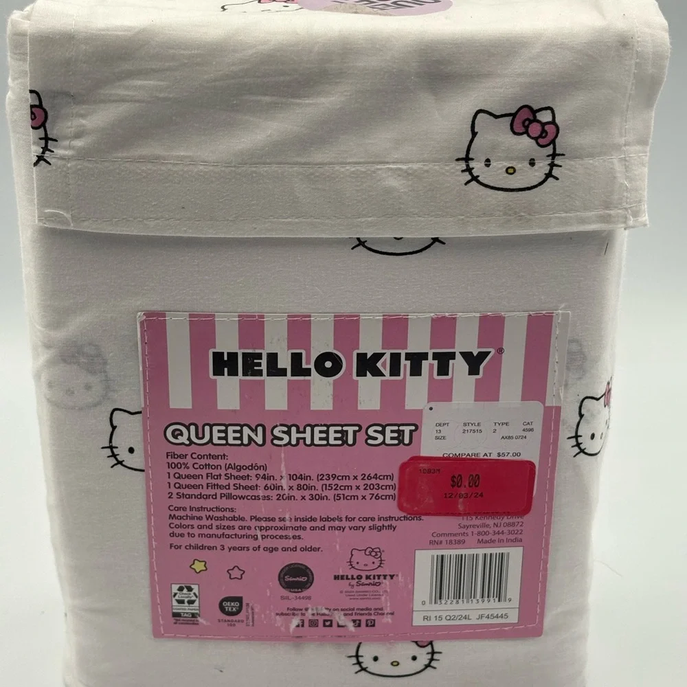 Hello Kitty White Queen Sheet Set Pink Bows 100% Cotton 4pc NWT Sanrio - Picture 3 of 5